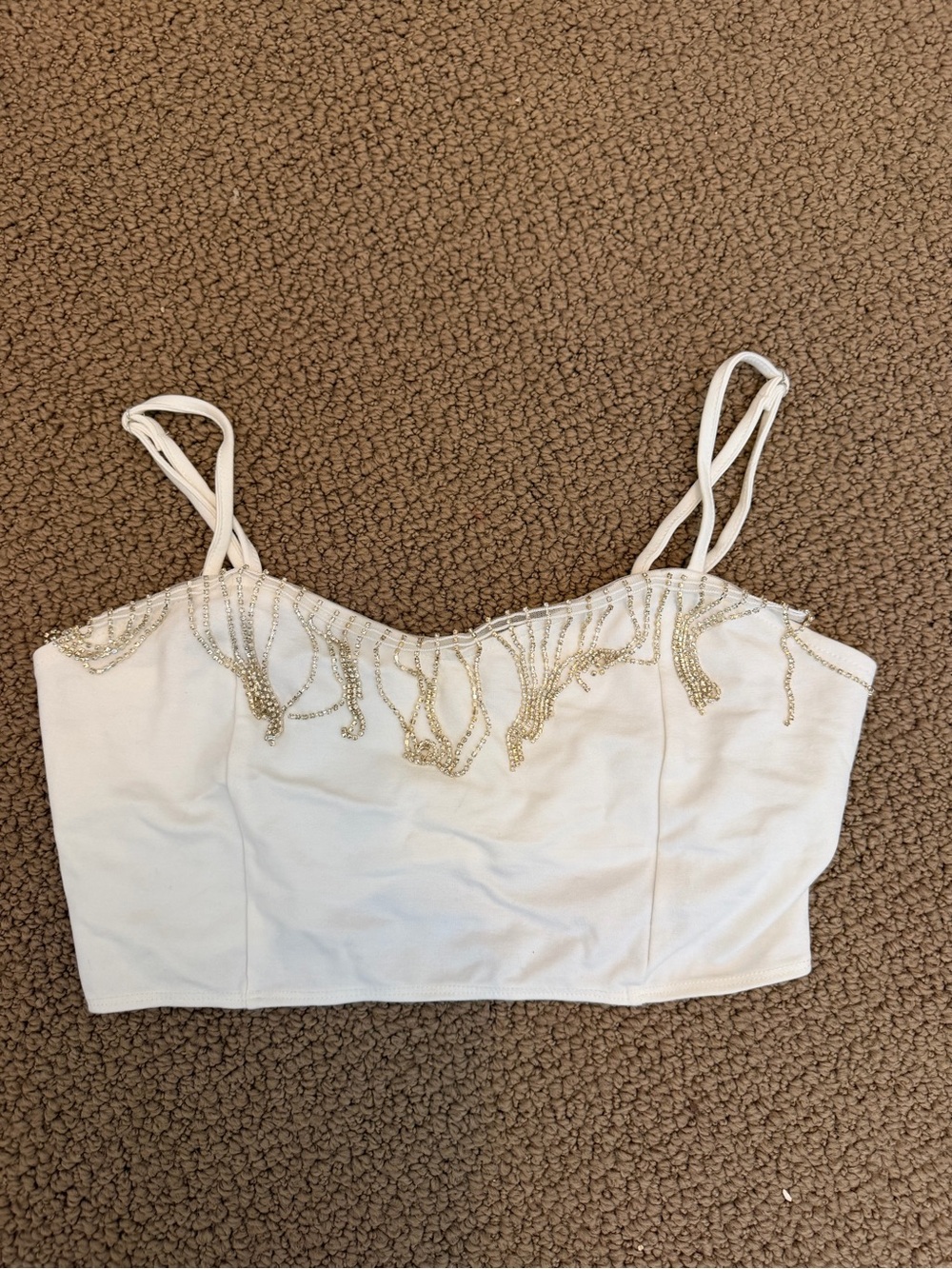 Embellished White Spaghetti Strap Crop Top